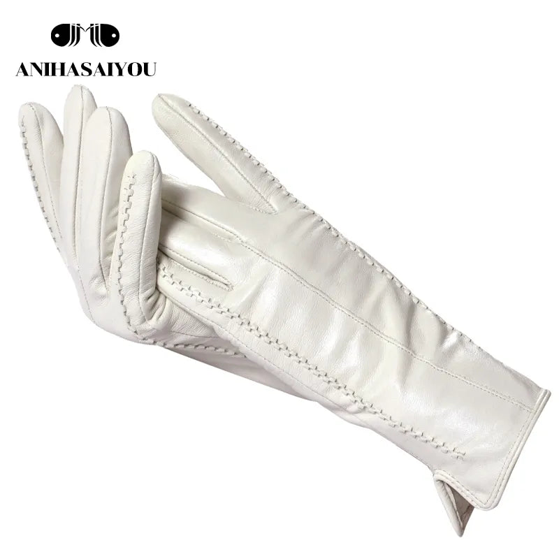 White leather women's gloves, Genuine Leather, cotton lining