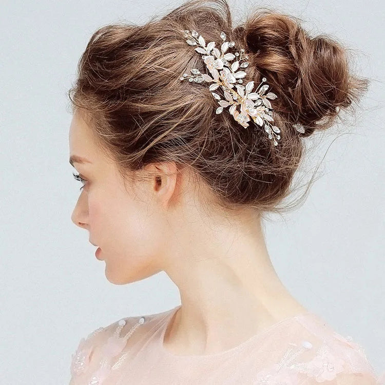 SLBRIDAL Handmade Golden Austrian Crystals Rhinestones Flower Leaf