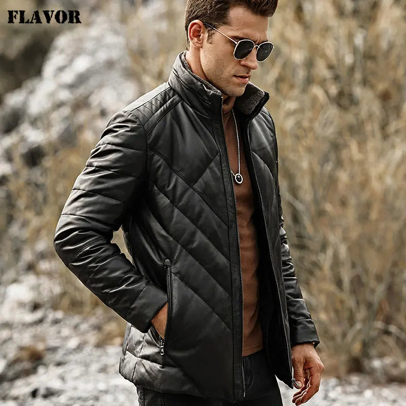 FLAVOR Men's Real Leather Down Jacket Men Genuine