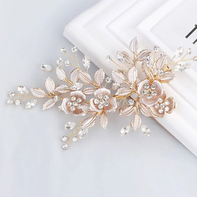 SLBRIDAL Handmade Golden Austrian Crystals Rhinestones Flower Leaf