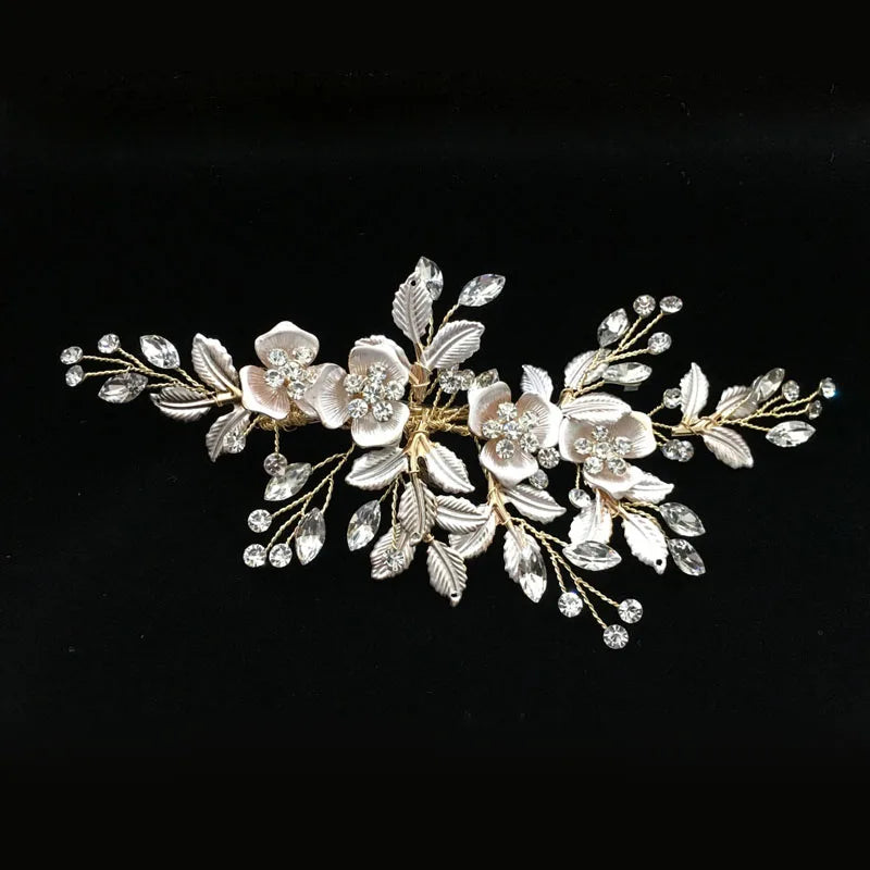 SLBRIDAL Handmade Golden Austrian Crystals Rhinestones Flower Leaf