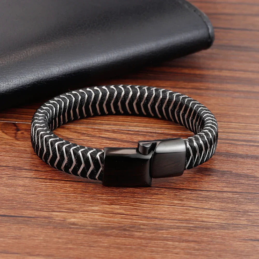 Punk Threaded Button Metal Weaving Bracelet for Men