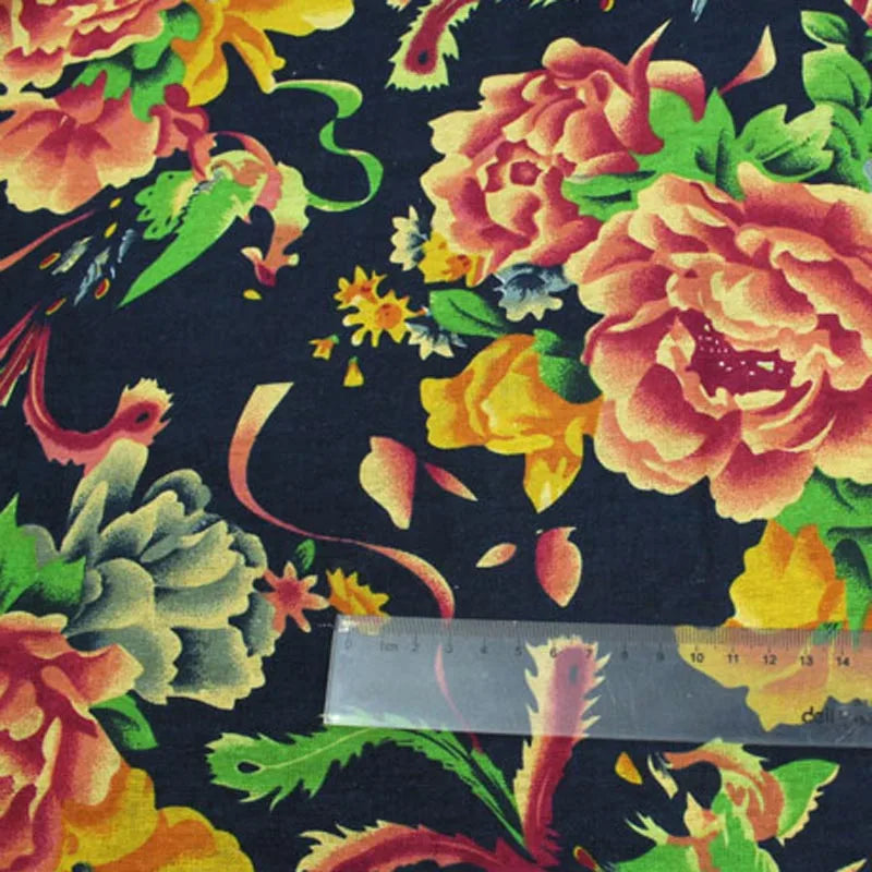 cottonlinen printed fabric chinese traditional Phoenix Peony flower