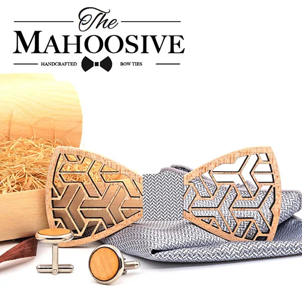 MAHOOSIVE Pocket Square Handkerchiefs Wood Bowtie Cufflinks Set