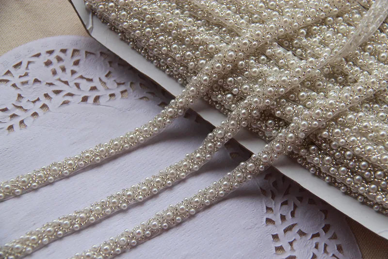 2Yards Pearl Beaded Lace Trim Mesh Lace Ribbon
