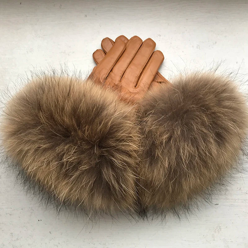 Real Sheepskin Fox Fur Gloves Women's Genuine Leather