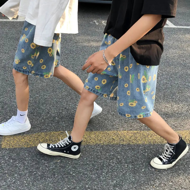 Summer Cotton Denim Shorts Men's Fashion Casual Flowers