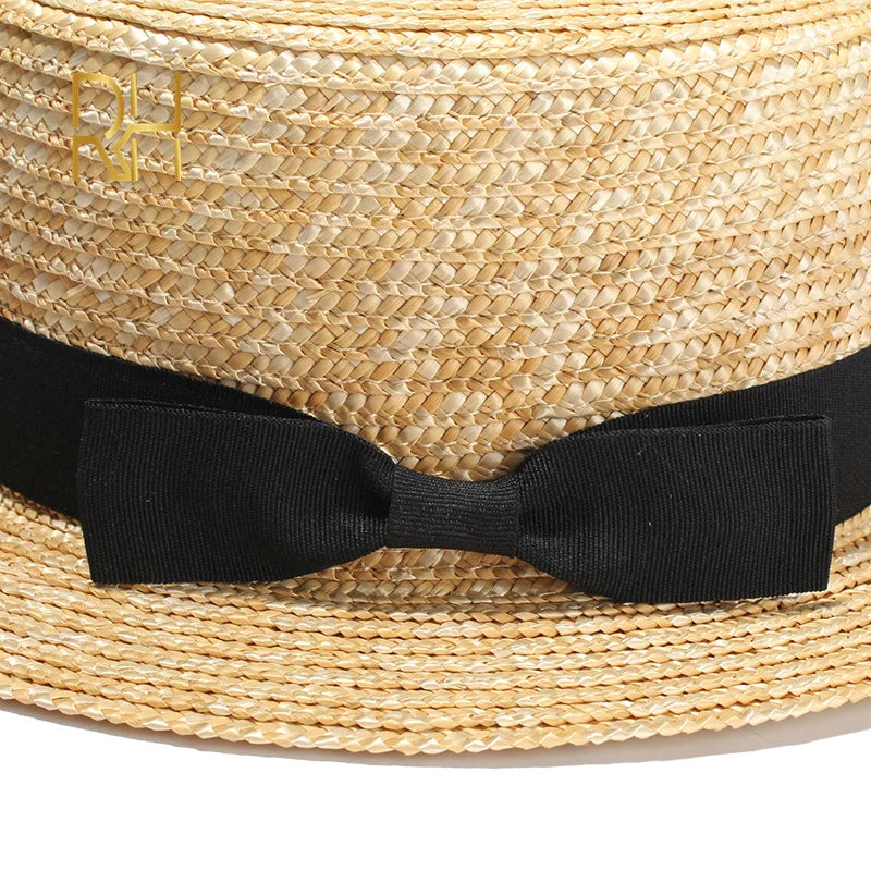 RH Natural Wheat Straw Boater Fedora Top Flat