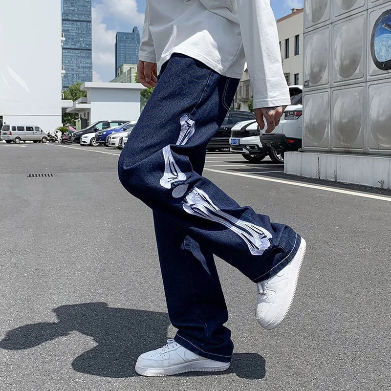 Jeans Men Skeleton Baggy Casual Jean Pants Mens