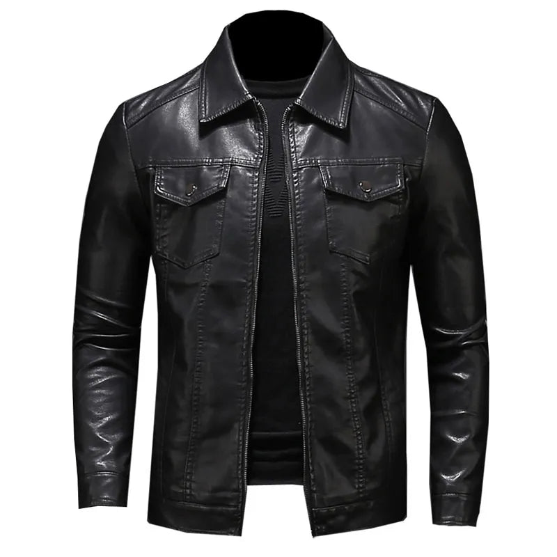 Men's Motorcycle Leather Jacket Large Size Pocket Black