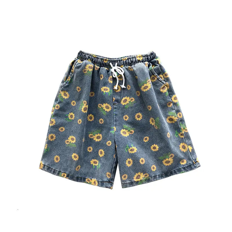 Summer Cotton Denim Shorts Men's Fashion Casual Flowers