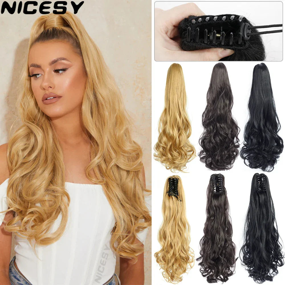 Synthetic Long Wavy Claw Clip On Ponytail Drawstring