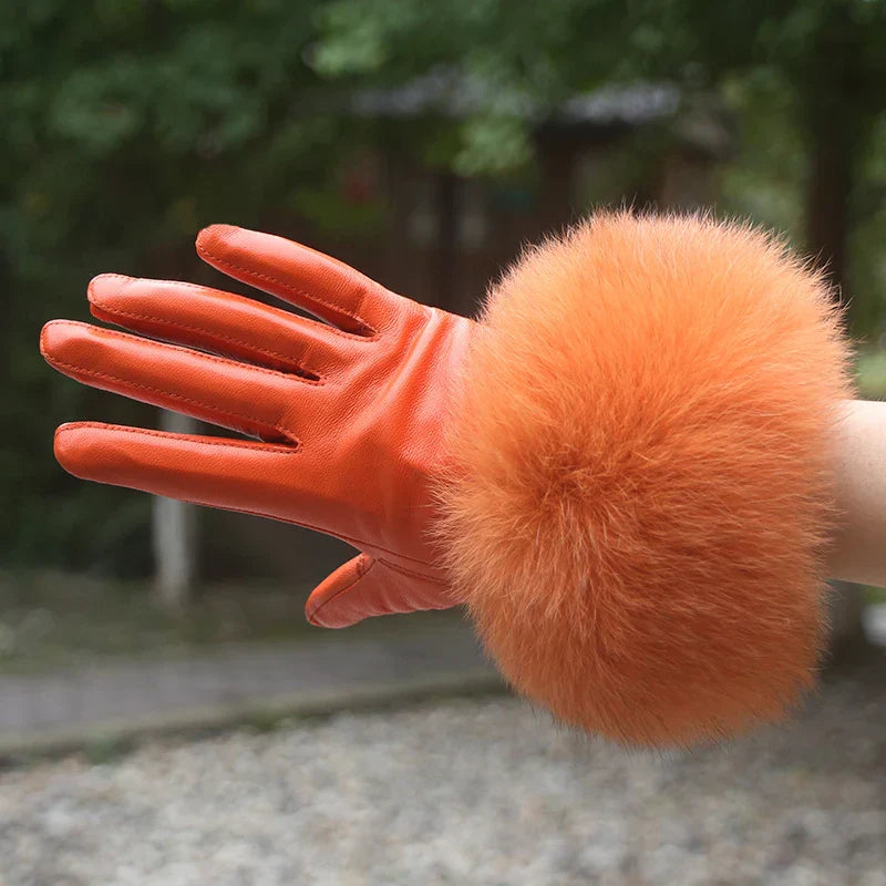 Real Sheepskin Fox Fur Gloves Women's Genuine Leather