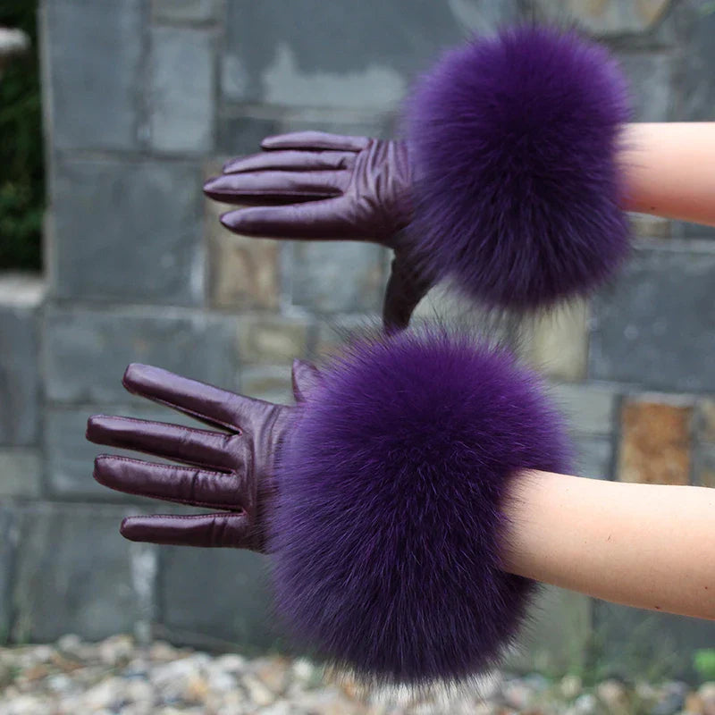 Real Sheepskin Fox Fur Gloves Women's Genuine Leather