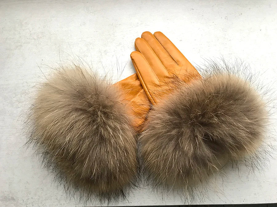 Real Sheepskin Fox Fur Gloves Women's Genuine Leather