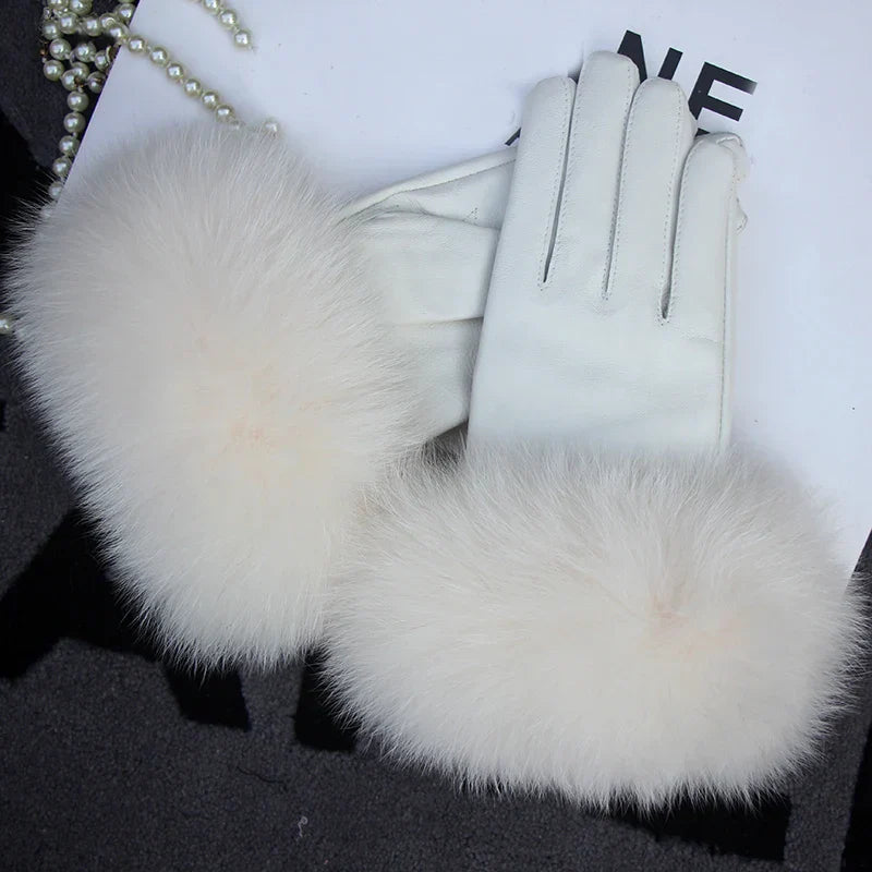 Real Sheepskin Fox Fur Gloves Women's Genuine Leather