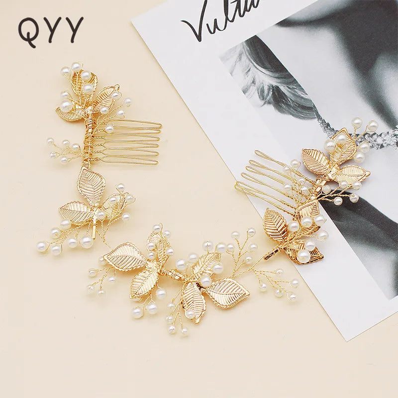 QYY Newest Gold Color Leaves Wedding Hair Comb