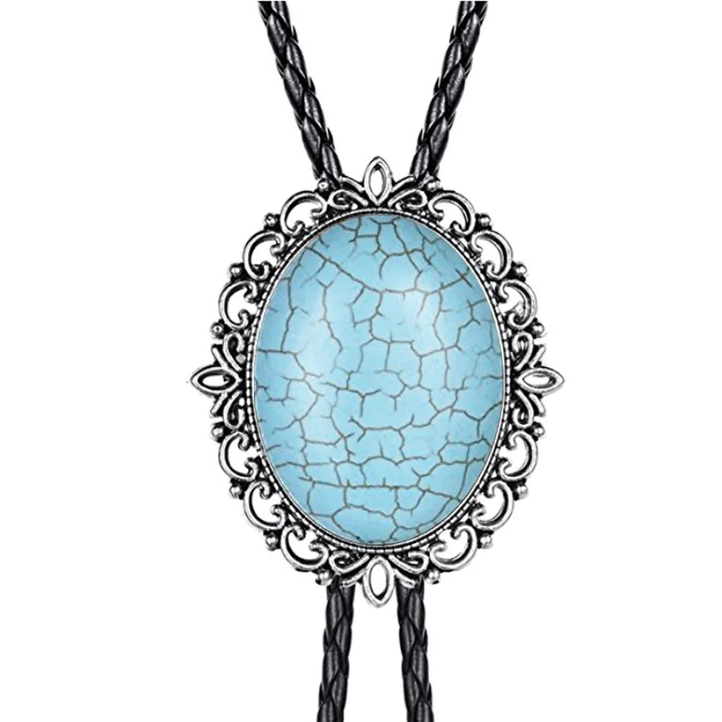 Hollow pattern emerald bolo tie leather cord necklace