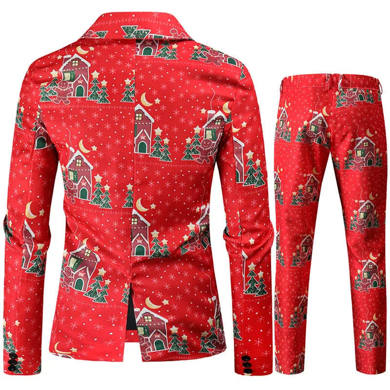 Red Printed Two-piece Men's Christmas Suit Jacket