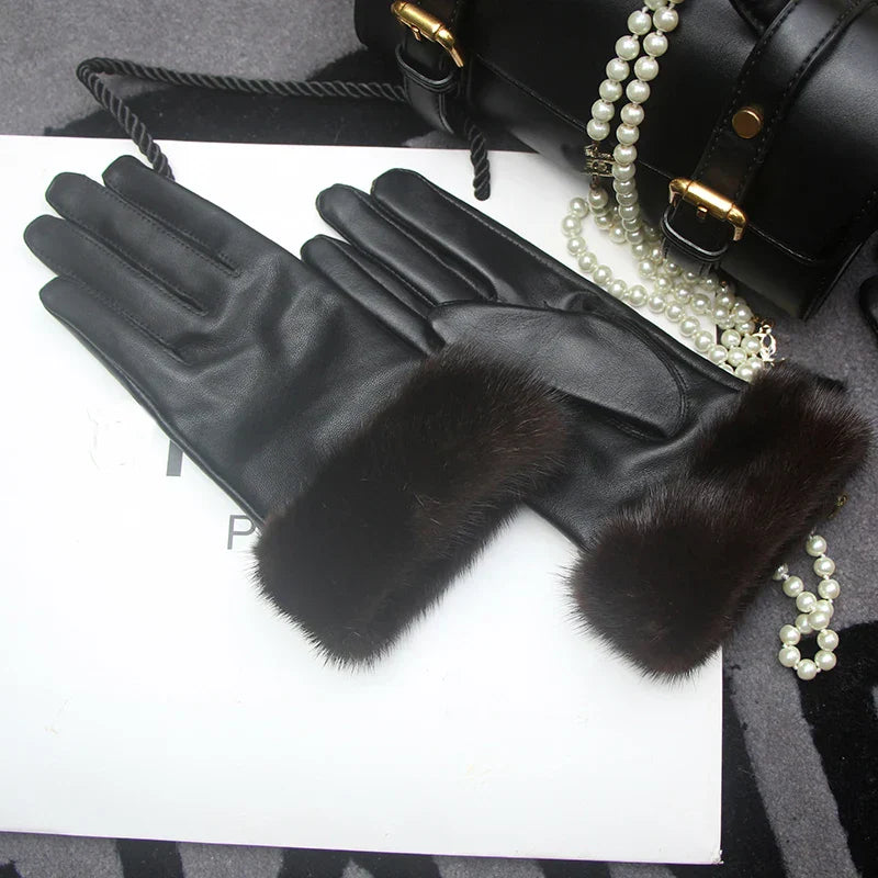 Real Sheepskin Fox Fur Gloves Women's Genuine Leather