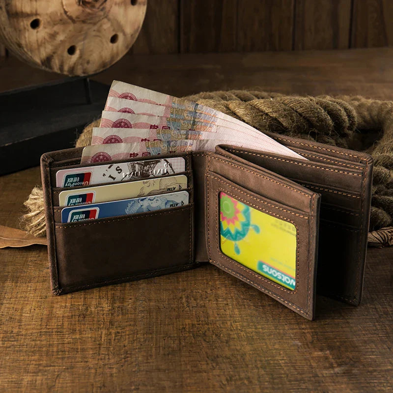 Handmade Vintage Genuine Leather Wallet Men Retro Cowhide Billfold Crazy Horse Leather Customized Card Holder Cowskin Money Clip