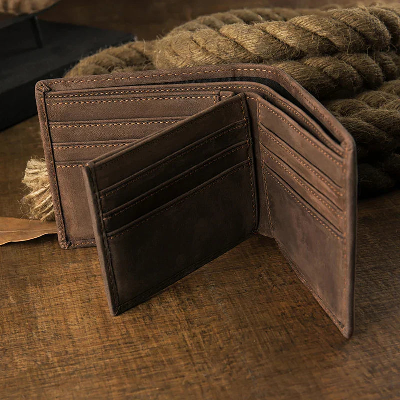Handmade Vintage Genuine Leather Wallet Men Retro Cowhide Billfold Crazy Horse Leather Customized Card Holder Cowskin Money Clip