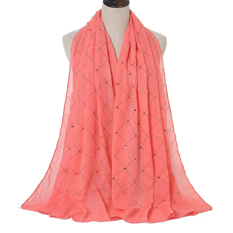 Fashion Plain Cotton Scarf Muslim Hijab Shiny Diamond