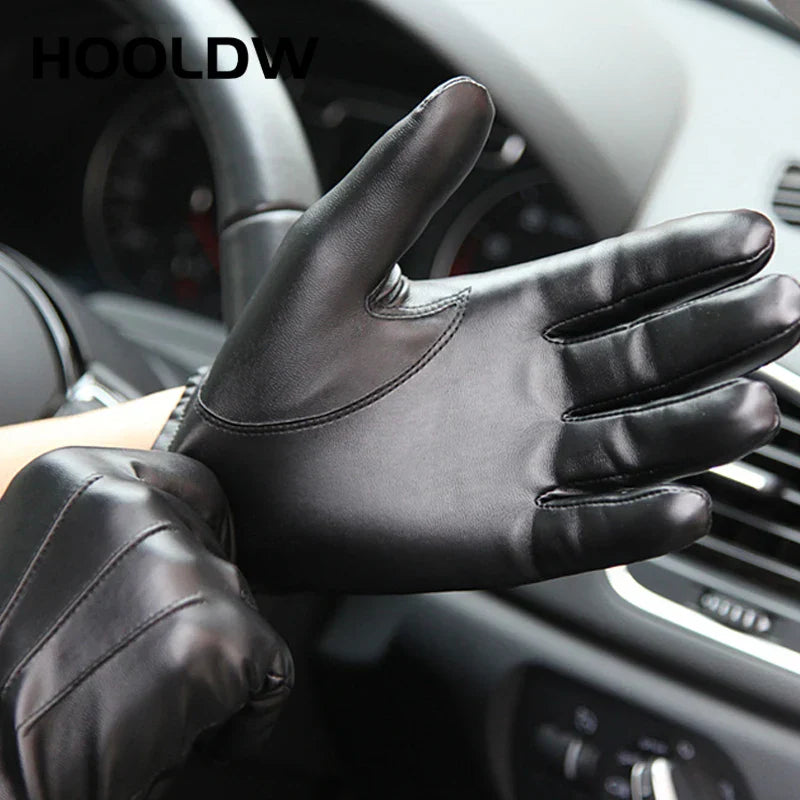 HOOLDW New Winter Gloves Men Women Black PU