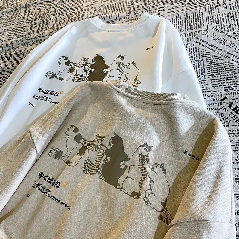 Vintage Fashion Women Cotton cat print round neck pullover sweatshirt harajuku oversize itself Loose Sweatshirt top худи