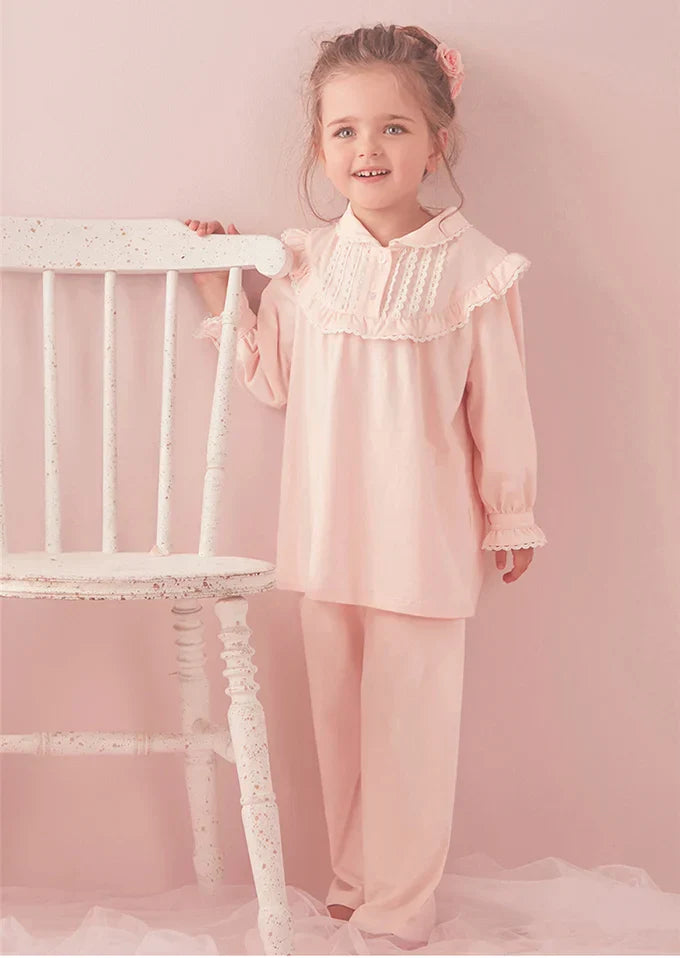 Children Girl's Lolita Pink Pajama Sets.Turndown Collar Tops+Pants.Vintage