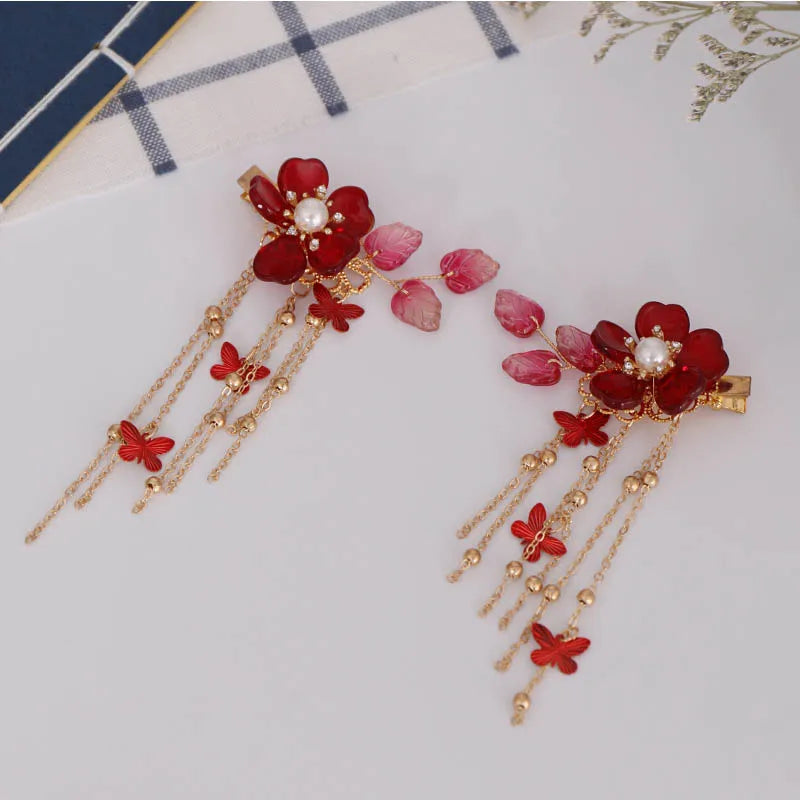 1pair Chinese Hanfu Hair Accessories Red Flower Hairpins