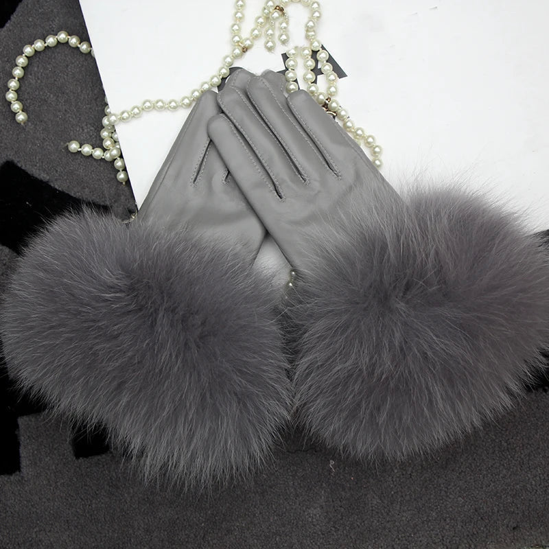 Real Sheepskin Fox Fur Gloves Women's Genuine Leather
