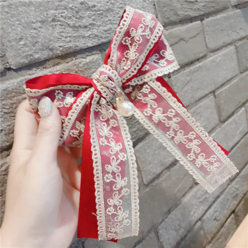 Korean Fabric Big Bow Spring Clip Lady Lace