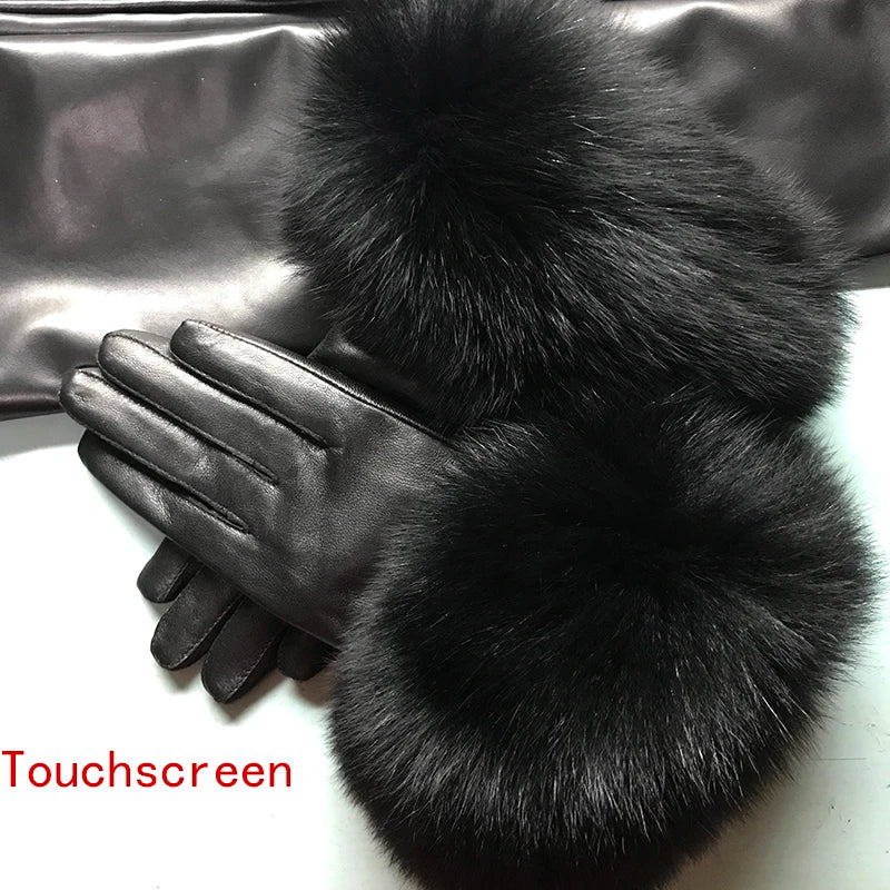 Real Sheepskin Fox Fur Gloves Women's Genuine Leather