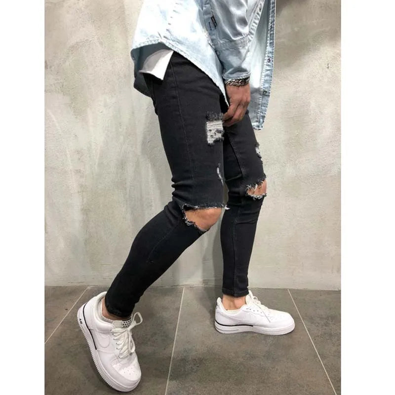 Men Jeans Streetwear Knee Ripped Skinny Hip Hop