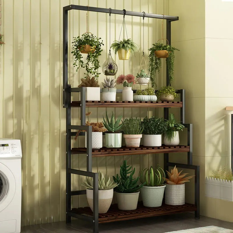 3 Tier Black Plant Stand With Hanging Basket
