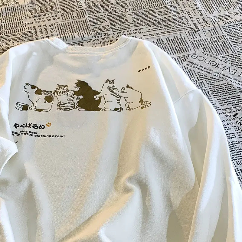 Vintage Fashion Women Cotton cat print round neck pullover sweatshirt harajuku oversize itself Loose Sweatshirt top худи