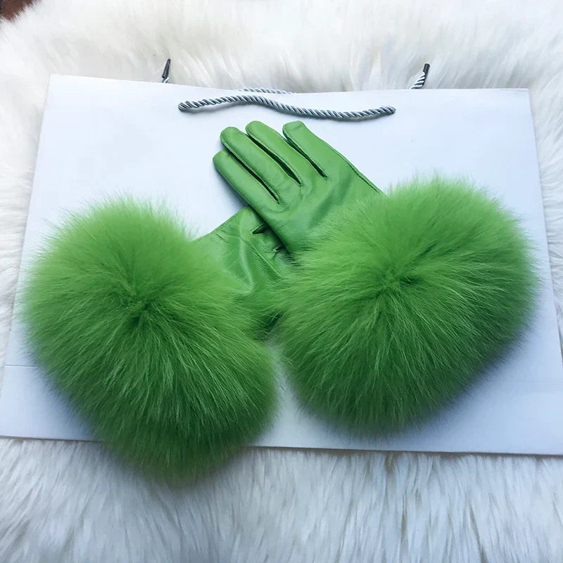 Real Sheepskin Fox Fur Gloves Women's Genuine Leather