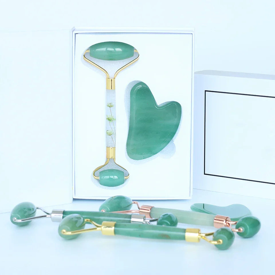 Natural Green Jade Roller Gua Sha Set Facial