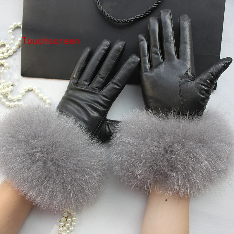Real Sheepskin Fox Fur Gloves Women's Genuine Leather