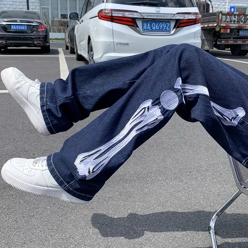 Jeans Men Skeleton Baggy Casual Jean Pants Mens
