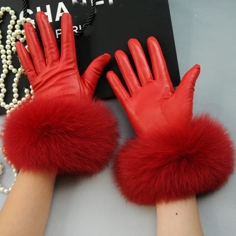 Real Sheepskin Fox Fur Gloves Women's Genuine Leather