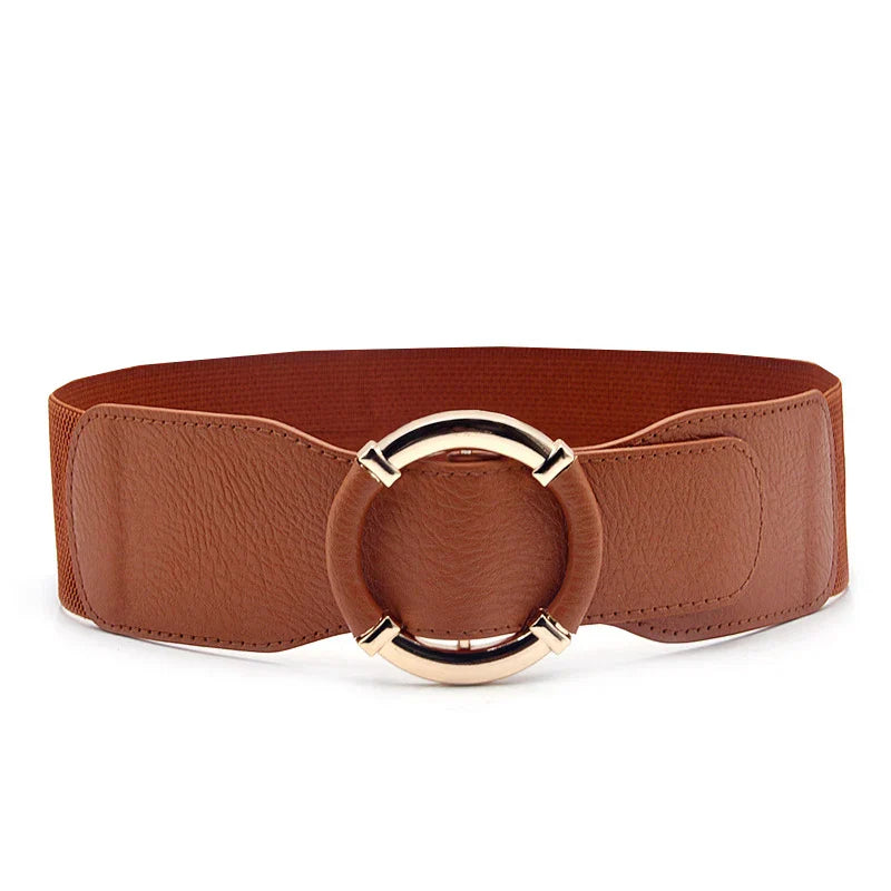 Women Elastic Stretch Waistbands Female Gold Round Buckle