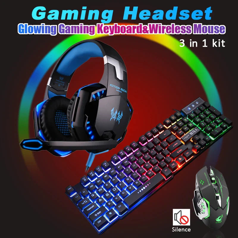 Gaming Wired Keyboard + Wireless Mouse+ Gaming Headset