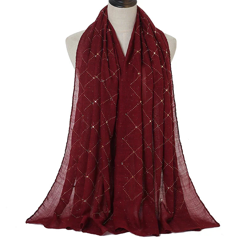 Fashion Plain Cotton Scarf Muslim Hijab Shiny Diamond