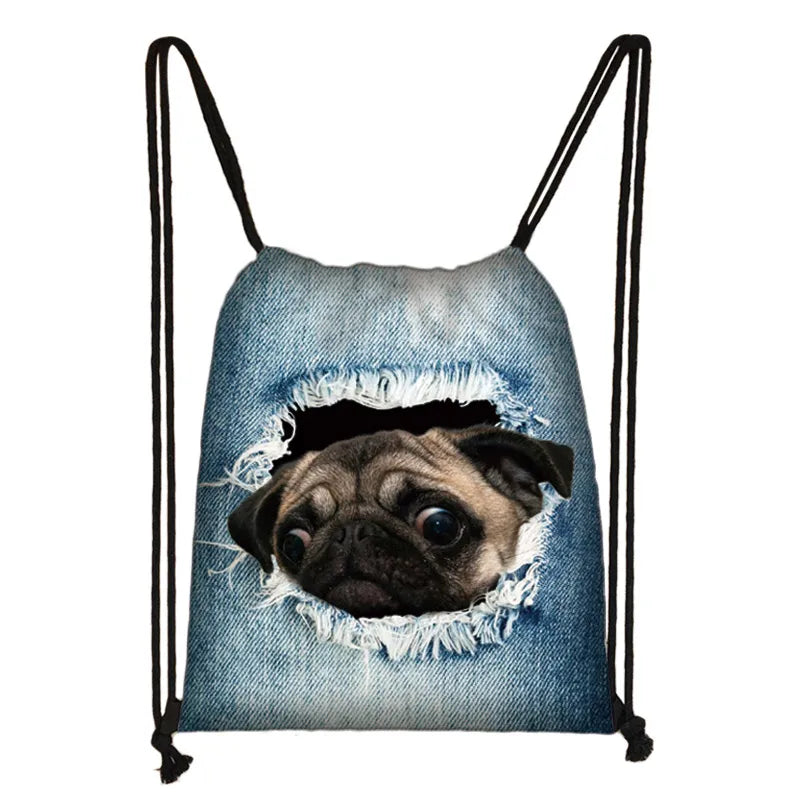 funny puppy dog / kitten cat print drawstring bag women fashion storage bag ladies shopping bags teenager boys girl backpack