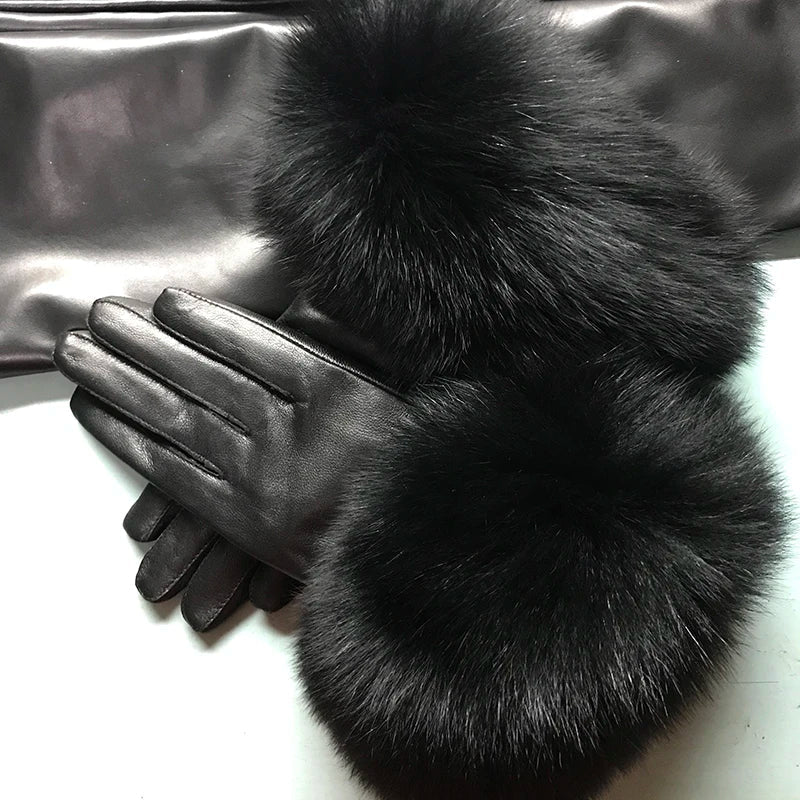 Real Sheepskin Fox Fur Gloves Women's Genuine Leather
