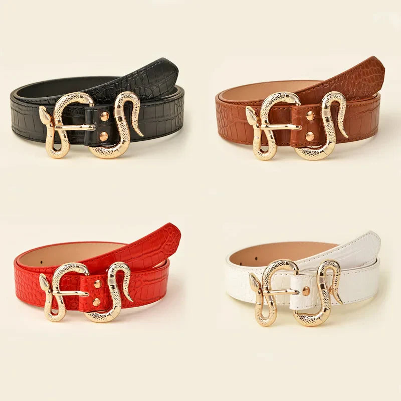 Fashion Women's PU Imitation Crocodile Leather Belt Metal