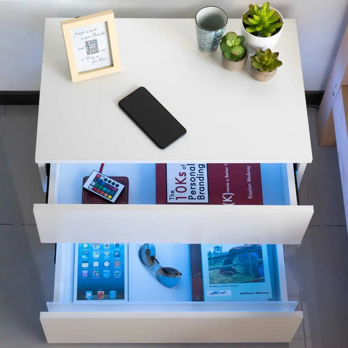 Modern Luxury LED Light Nightstand w/2 Drawers Organizer