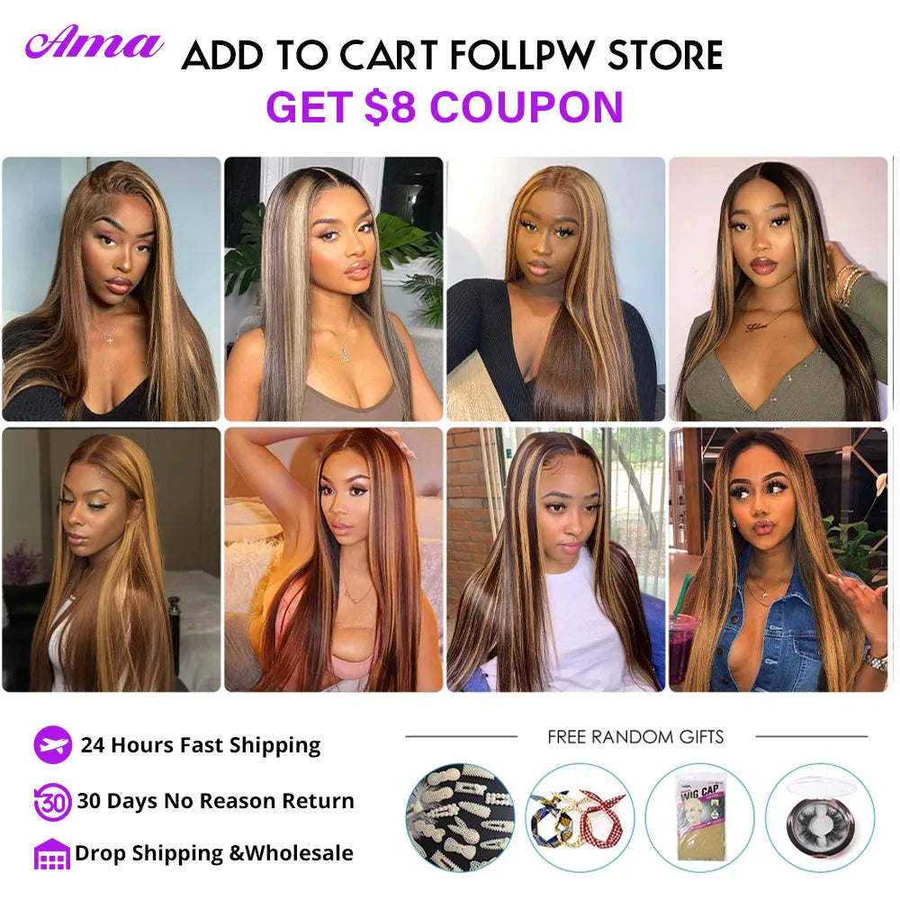 Highlight Bundles With Frontal 13x4 4x4 Inch Straight